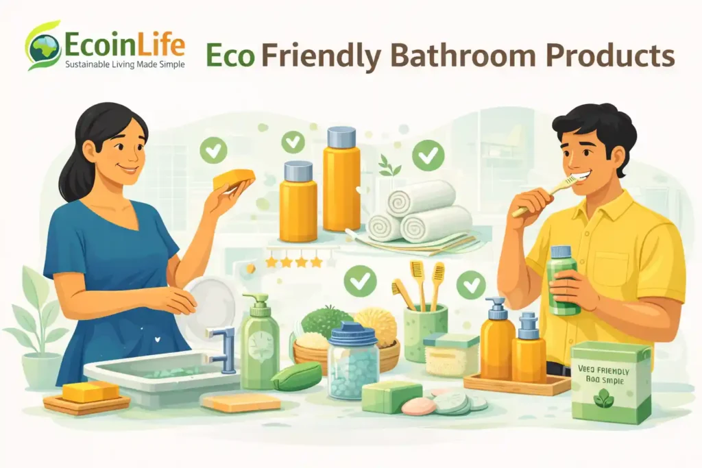 eco friendly products eco in life sustainable bathroom products bamboo toothbrush shampoo bar reusable zero waste bathroom essentials