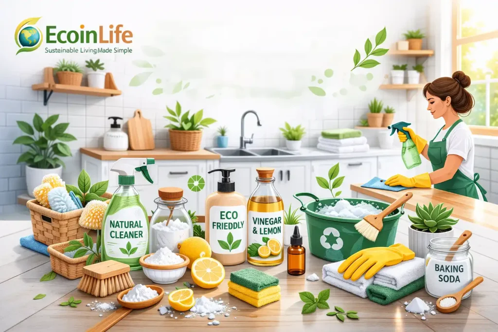 eco friendly products for household cleaning natural cleaner vinegar baking soda reusable supplies zero waste home cleaning