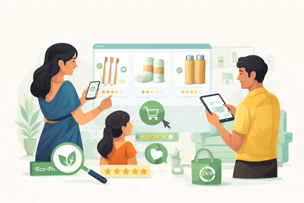 Indian family browsing eco friendly products online on a laptop and smartphone, selecting sustainable products like bamboo toothbrushes, reusable bottles, and eco friendly supplies.