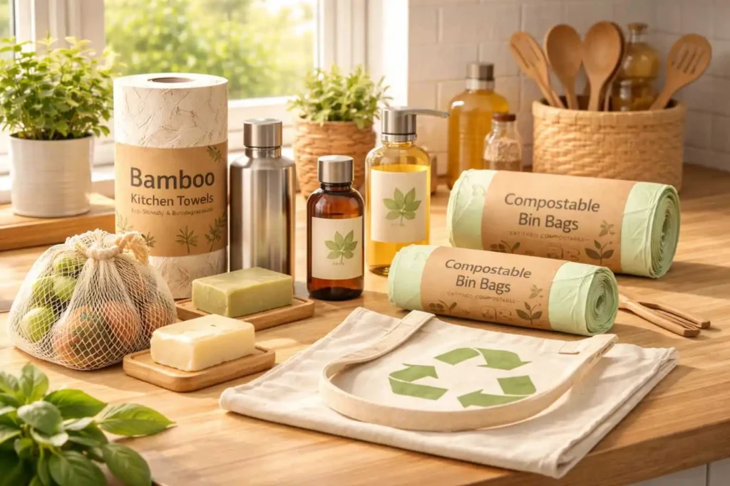 Sustainable products-including-bamboo-kitchen-towels-compostable-bin-bags-reusable-bottle-and-eco-friendly-soap-on-a-wooden-kitchen-counter