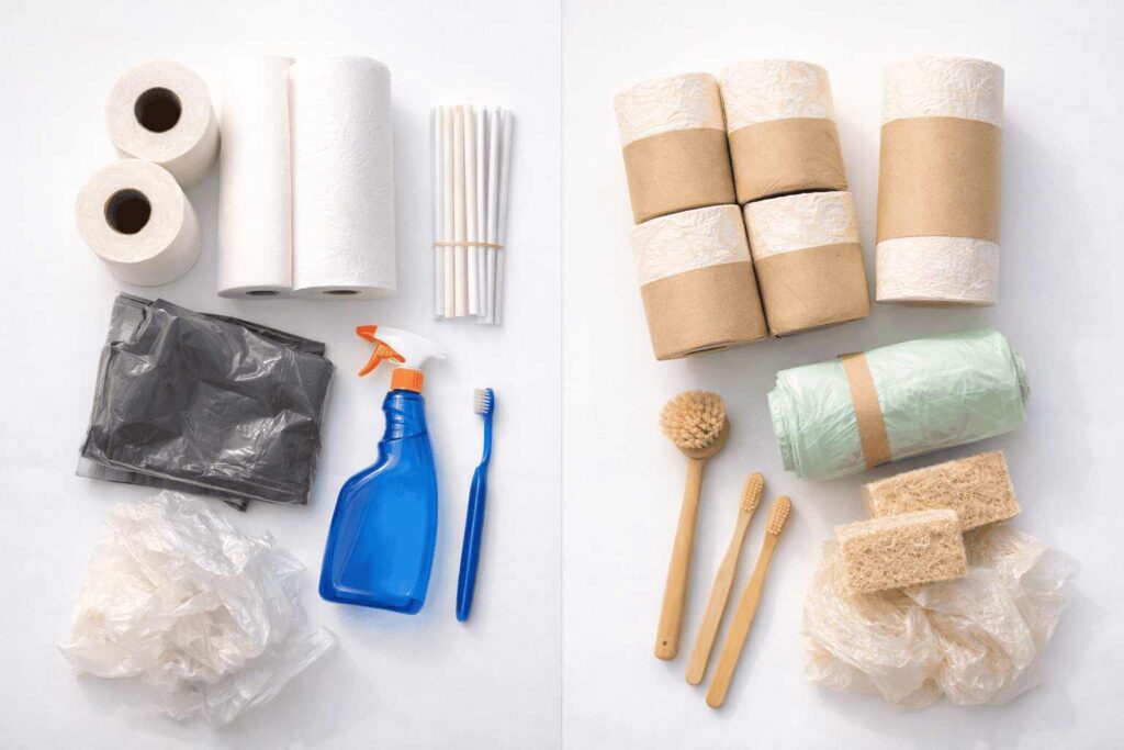 Comparison of regular household items and sustainable products including bamboo toothbrush, compostable bags, eco-friendly cleaning tools, and reusable household essentials.