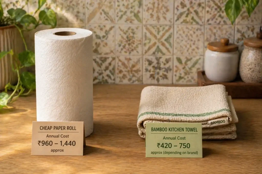 reusable bamboo kitchen towels vs paper rolls annual cost comparison