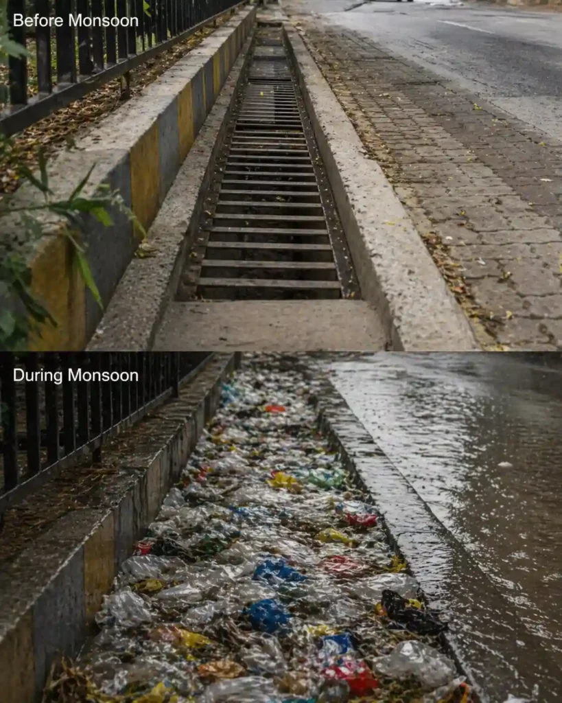 cheap plastic products causing drain blockage during Indian monsoon