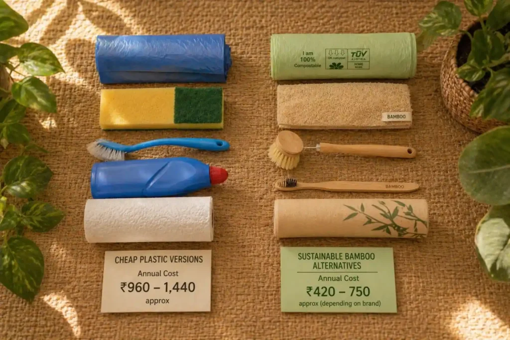 hidden annual savings from sustainable products vs cheap alternatives

🖼️ Image 7 — "How to Start Switching" Section
Placement: At the start of the "How to Start Switching to Sustainable Products" H2 section
Scene: An Indian kitchen counter with five products in a neat left-to-right sequence showing the switching order — compostable bin bag first, bamboo kitchen towel second, bamboo toilet paper third, bamboo toothbrush fourth, bamboo cotton buds fifth. Small numbered tags (1–5) next to each. Like a practical roadmap laid out physically.
Mood: Actionable, clear, doable — removes overwhelm
Search: sustainable product switch sequence kitchen counter bamboo products India
AI Prompt: "Indian kitchen counter with five eco friendly products arranged left to right in switching order — compostable bag, bamboo kitchen towel, bamboo toilet paper, bamboo toothbrush, bamboo cotton buds — small numbered tags 1 to 5, warm light, practical styling"
Alt Text: step by step guide to switching from cheap to sustainable products

🖼️ Image 8 — Planet Cost Section
Placement: Inside "What Cheap Products Actually Cost the Planet" H2 section
Scene: A split image. Top half — a clean Indian drain or street before monsoon. Bottom half — the same drain clogged with plastic bags during monsoon, water backing up. Documentary feel. No faces. The visual shows exactly what cheap plastic products cost the city every year.
Mood: Emotional reality check — not preachy, just factual and visible
Search: Indian monsoon drain clogged plastic bags flooding street
AI Prompt: "Split scene — top half shows clean Indian street drain before monsoon, bottom half shows same drain completely clogged with plastic bags during monsoon flooding, documentary photography style, natural light, no faces"
Alt Text: cheap plastic products causing drain blockage during Indian monsoon

🖼️ Image 9 — Priority List Section
Placement: Inside "Sustainable Products Worth Switching To Right Now" H2 section
Scene: Four sustainable products arranged in a 2x2 grid on a clean surface, each with a small priority label. Top left — bamboo kitchen towel (Priority 1). Top right — bamboo toothbrush (Priority 2). Bottom left — compostable bags (Priority 3). Bottom right — bamboo toilet paper (Priority 4). Warm light. Clean jute or wooden surface. Indian home feel.
Mood: Organised, priority-driven, actionable
Search: bamboo sustainable products priority grid flat lay Indian home
AI Prompt: "Four sustainable products arranged in 2x2 grid on jute surface — bamboo kitchen towel, bamboo toothbrush, compostable garbage bags, bamboo toilet paper — each with small priority number label, warm natural light, clean Indian home styling"
Alt Text: priority list of sustainable products worth switching to for Indian homes

🖼️ Image 10 — FAQ Section
Placement: Just above the FAQ heading
Scene: A person's hands holding a pen over an open notebook with handwritten questions — "Are sustainable products cheaper?", "Which one first?", "Is bamboo toilet paper worth it?" The notebook sits next to a bamboo product on a wooden desk. Warm light. Studious, thoughtful feel.
Mood: Curiosity — mirrors the mindset of someone reading the FAQ
Search: handwritten questions notebook sustainable products wooden desk India
AI Prompt: "Indian person's hands holding pen over open notebook with handwritten eco product questions, bamboo product visible nearby on wooden desk, warm desk lamp light, studious thoughtful atmosphere"
Alt Text: common questions about cheap vs sustainable products answered

🖼️ Image 11 — Conclusion
Placement: Inside the conclusion section, before or after the Arjun callback
Scene: An Indian kitchen bin with a compostable garbage bag liner, neatly placed. Next to it — an empty pack of cheap plastic bags. The compostable bag pack is still mostly full. The cheap plastic bag pack is empty and crumpled. The conclusion of the Arjun story told visually without words.
Mood: Quiet resolution — the maths proven by what is sitting on the counter
Search: compostable garbage bag vs empty cheap plastic bag pack kitchen
AI Prompt: "Indian kitchen corner showing a bin with compostable garbage bag liner next to an empty crumpled cheap plastic bag pack, the compostable bag pack still mostly full beside it, natural kitchen light, realistic home setting"
Alt Text: sustainable products outlasting cheap alternatives in Indian kitchen

📋 Quick Reference — All 11 Images
#ImageSectionPlacement1Hero split counter — cheap vs sustainableBelow H1 titleBefore intro2Torn plastic bag spilling wasteH2 Real Cost sectionAfter 2nd paragraph3Paper roll vs bamboo towel with cost tagsH3 Kitchen TowelsBeside cost numbers4Two bags held up — plastic vs certified compostableH3 Compostable BagsAfter certification explanation5Gen Z woman researching on phoneH2 Gen Z sectionSection opener6Flat lay two columns cheap vs sustainable with costsH2 Hidden SavingsAfter health savings point7Five products in switching sequence numbered 1–5H2 How to StartSection opener8Split drain — clean vs monsoon cloggedH2 Planet CostSection opener92x2 priority grid of four sustainable productsH2 Priority ListSection opener10Notebook with handwritten questionsFAQ sectionJust above FAQ heading11Bin with compostable bag vs empty plastic packConclusionBefore Arjun callback

💡 Styling Notes for All Images
Indian-specific props to include: Mosaic tiles, steel dabba, jute mat, copper vessels, wooden shelves, terracotta holders — these instantly signal Indian home
Colours throughout: Earthy greens, terracotta, kraft brown, cream white — eco palette that visually supports the sustainable message
What to avoid: Scandinavian white minimal styling, wine glasses, marble counters with orchids — feels Western and disconnects Indian readers
Where to source:

Adobe Firefly / Midjourney — paste AI prompts for custom Indian scenes
Canva AI — good for comparison flat lays
Shutterstock India — best for localised Indian lifestyle photography
Pexels / Unsplash — search terms above for free stock options
Sonnet 4.6