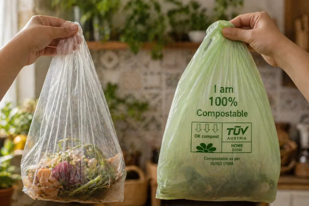 certified compostable garbage bag vs cheap plastic bag showing BIS certification