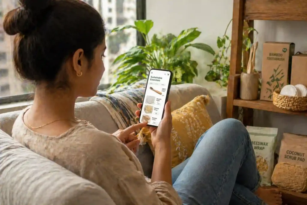 Indian Gen Z woman researching sustainable products online